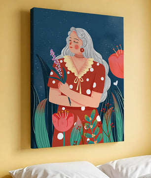 Serene illustration of a woman with flowers under a starry night sky