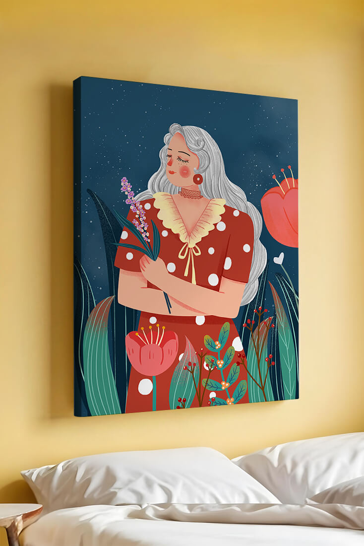 Serene illustration of a woman with flowers under a starry night sky