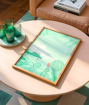 Paisaje de acuarela verde con nenúfares y colinas