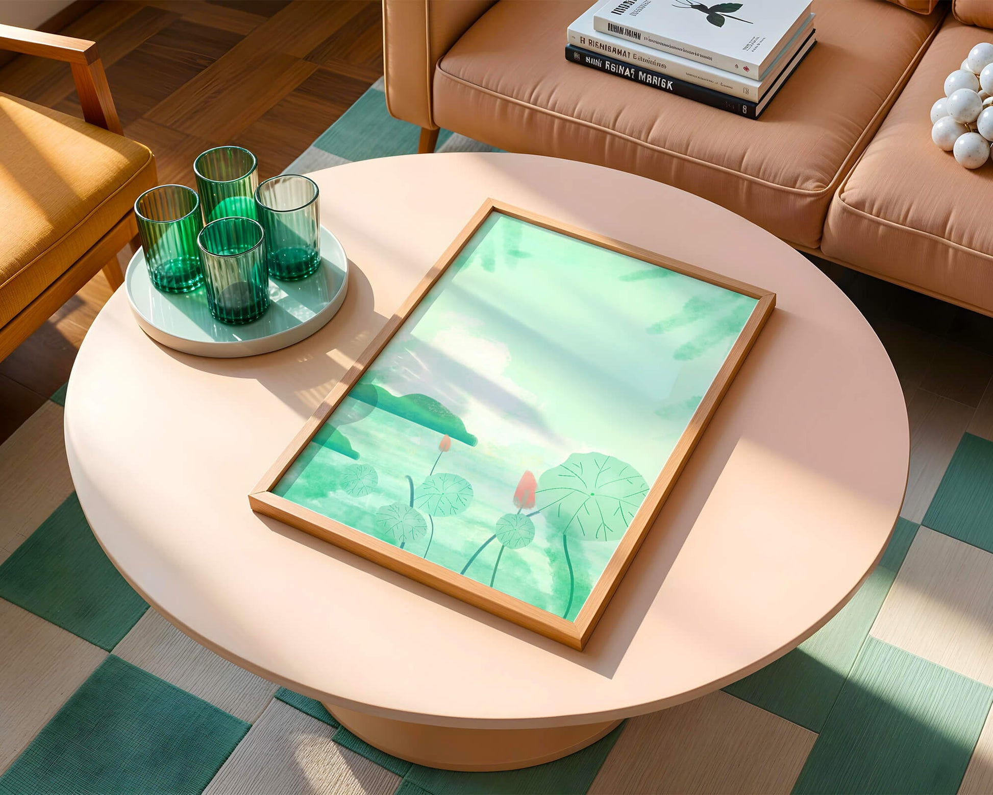 Paisaje de acuarela verde con nenúfares y colinas