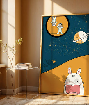 Playful Cartoon of Astronauts and Rabbit with Planet and Stars - Mi tienda