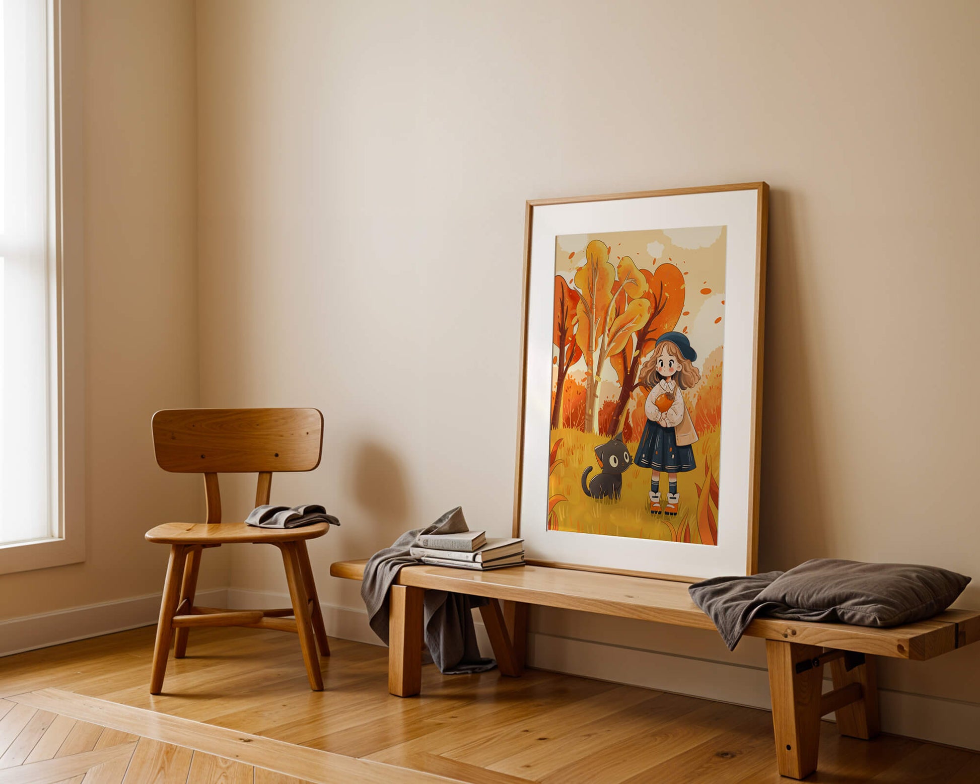 Girl with Cute Cat in Autumn Forest with Colorful Leaves