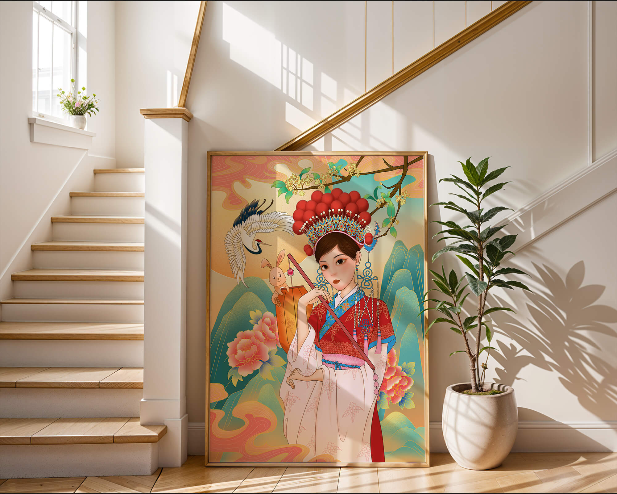 Elegant traditional Chinese illustration featuring a woman in vibrant attire with floral and animal motifs