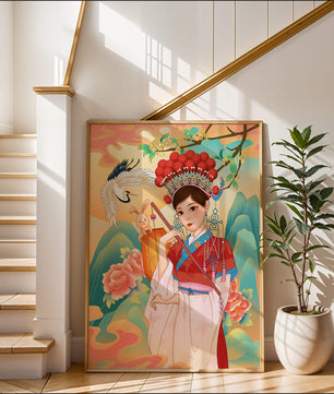 Elegante traditionelle chinesische Illustration mit einer Frau in lebendiger Kleidung mit Blumen- und Tiermotiven