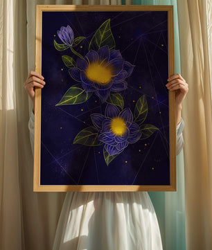 Floral Art with Blue and Yellow Lotus Design on Starry Background
