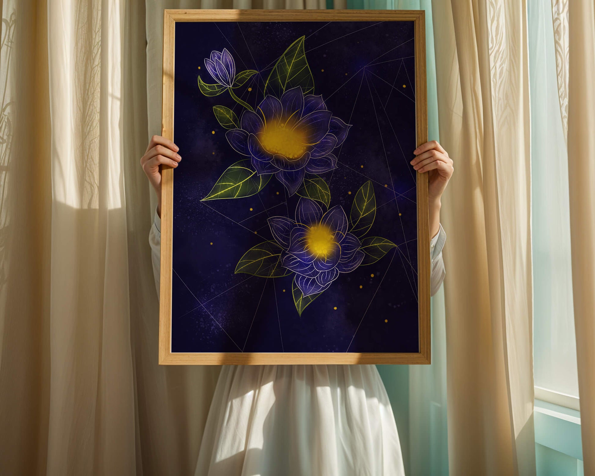 Floral Art with Blue and Yellow Lotus Design on Starry Background