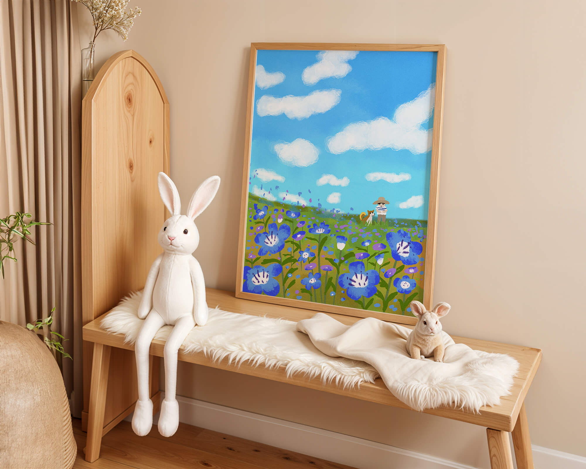 Man and dog in vibrant flower meadow under blue sky