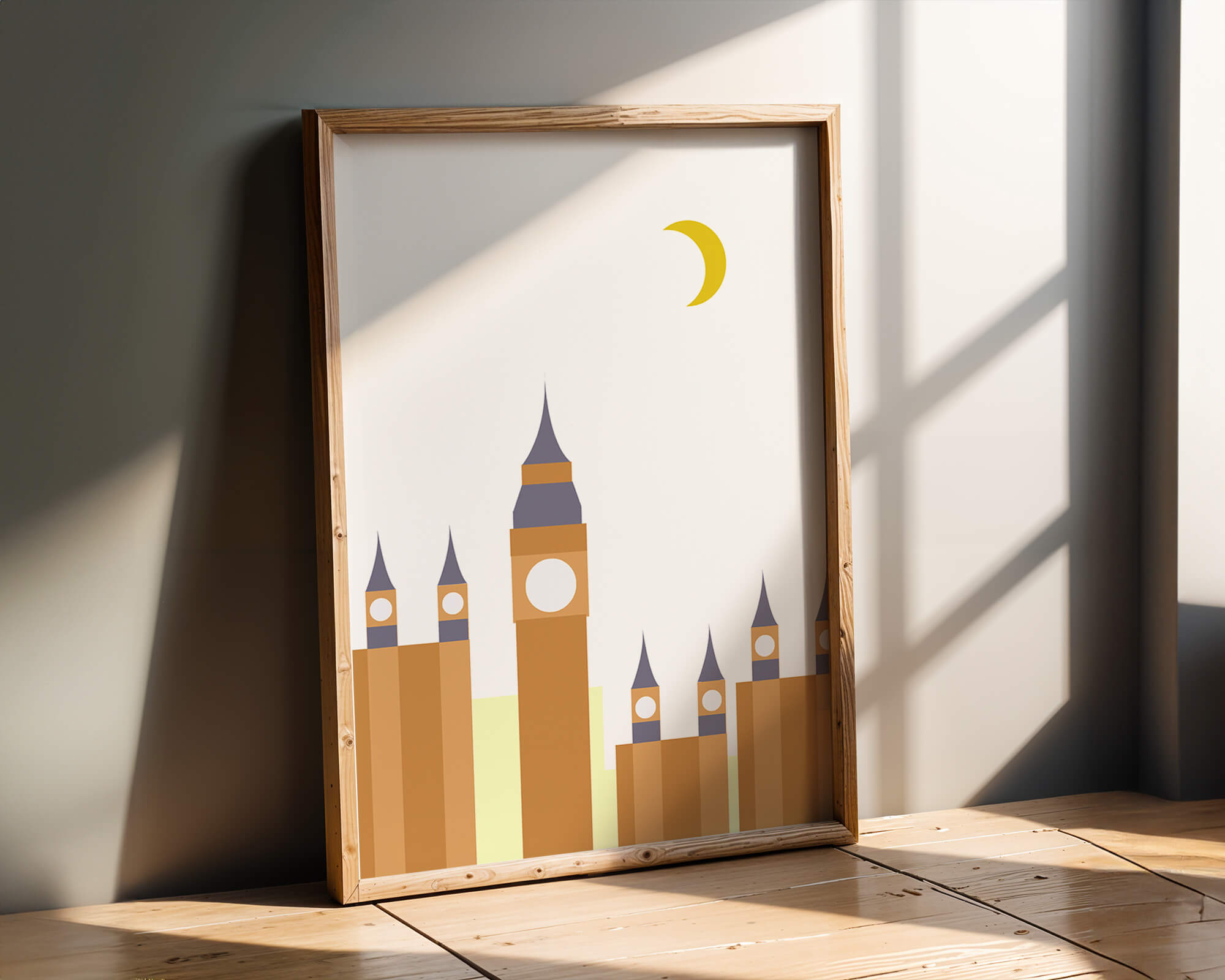 Minimalist illustration of iconic clock tower with crescent moon