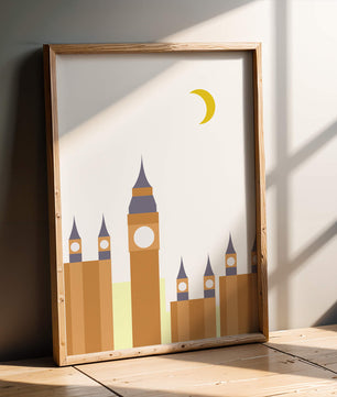 Ilustración minimalista de un icónico reloj con luna creciente