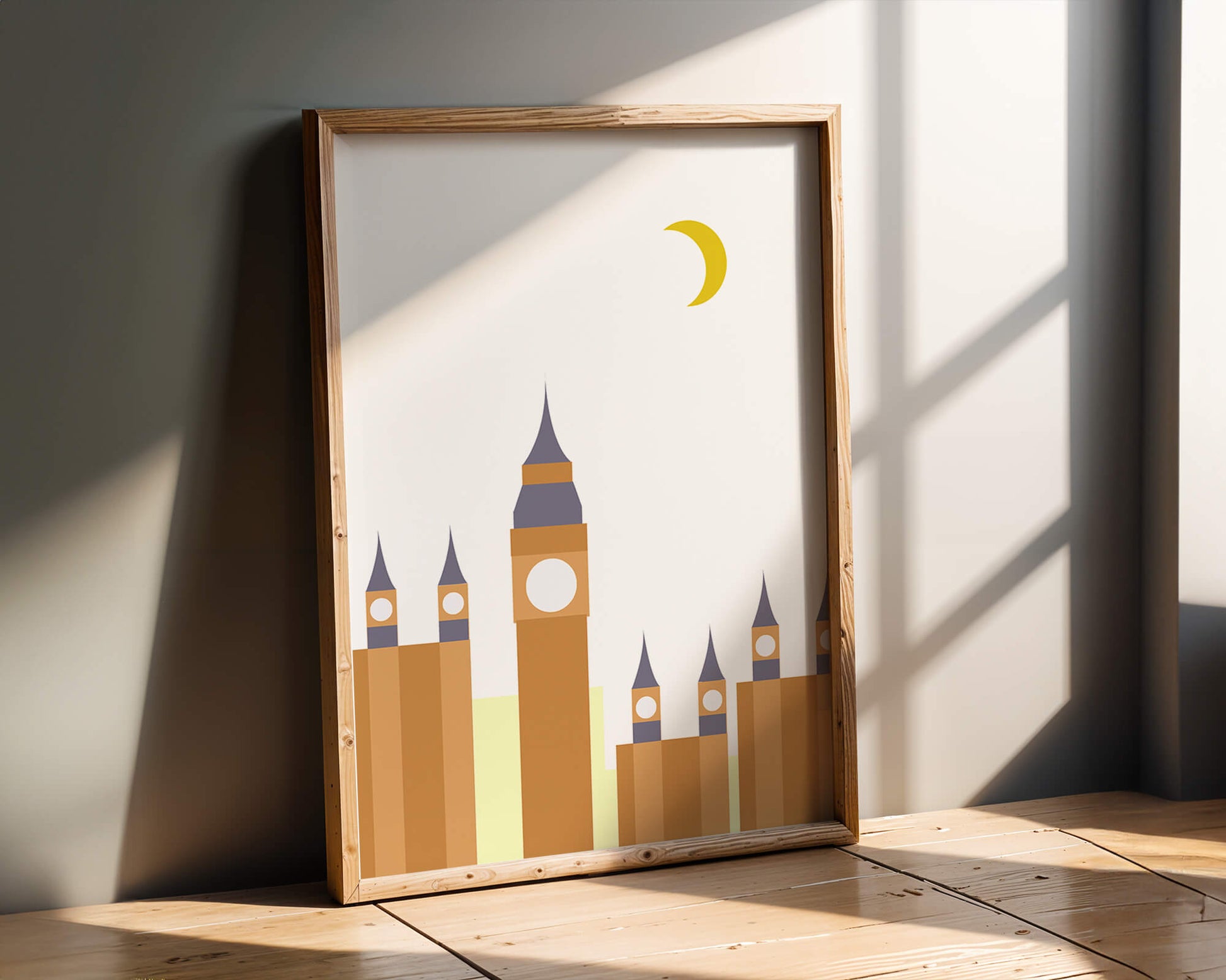 Minimalist illustration of iconic clock tower with crescent moon