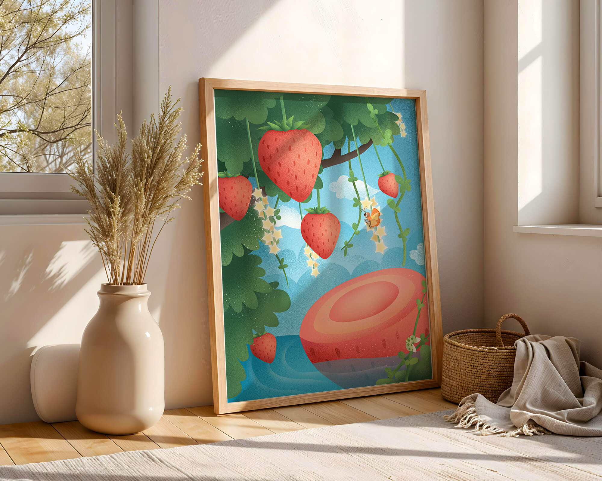 Illustrated strawberries in a whimsical garden setting
