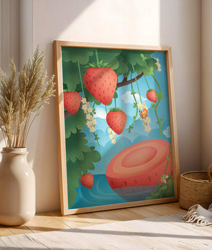 Illustrated strawberries in a whimsical garden setting
