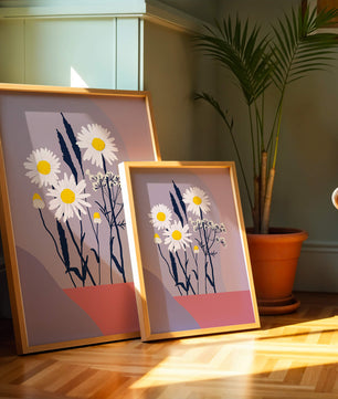 Illustrative floral artwork with daisies and abstract background