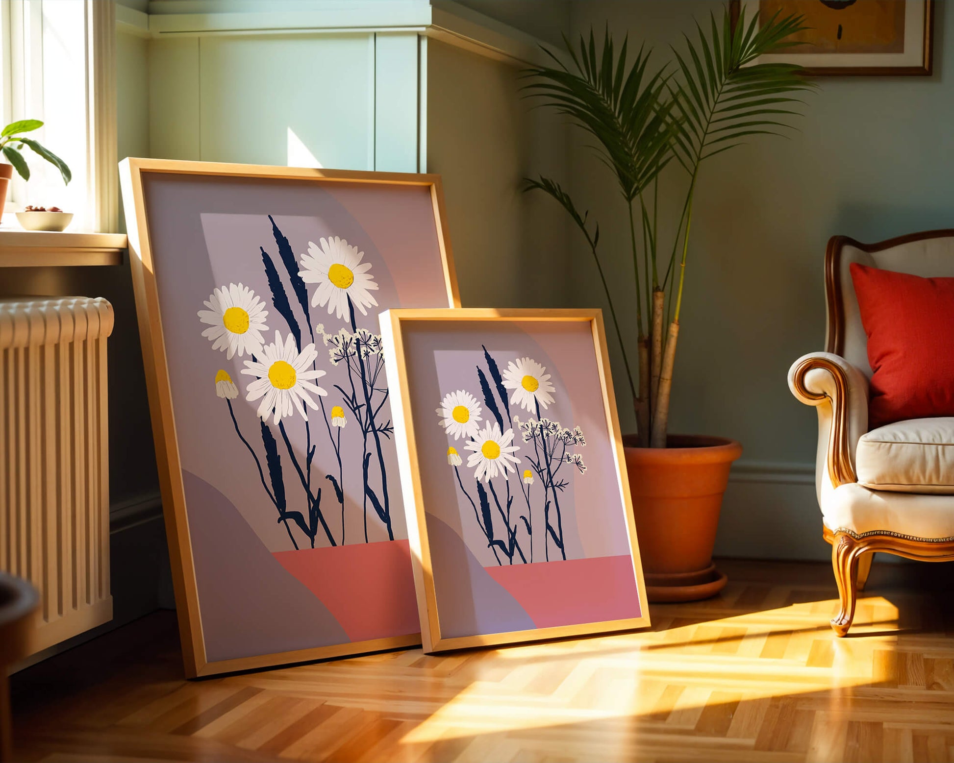 Illustrative floral artwork with daisies and abstract background