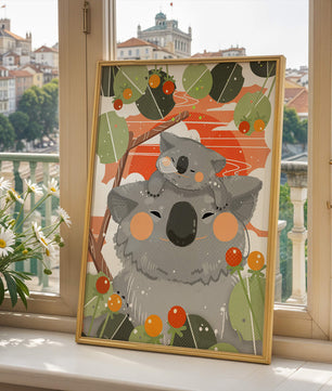 Koalas dans un cadre naturel vibrant aux tons orange et verts
