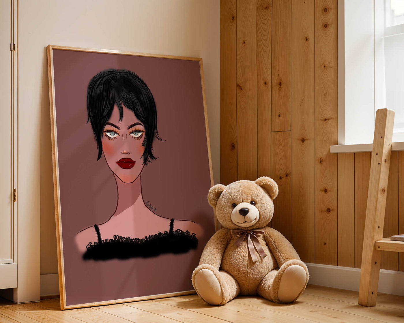 Illustration of a woman with short black hair and striking makeup on a brown background