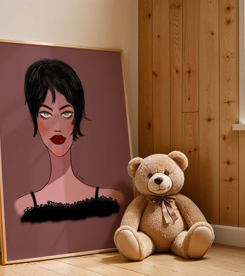 Illustration of a woman with short black hair and striking makeup on a brown background