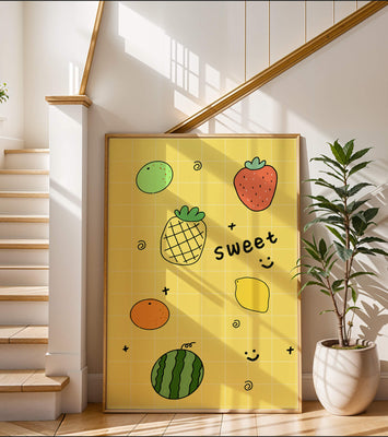 Playful fruit pattern on yellow grid background