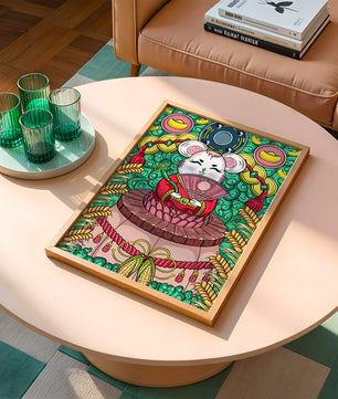 Ratón decorativo encantador con elementos asiáticos y monedas sobre un fondo vibrante