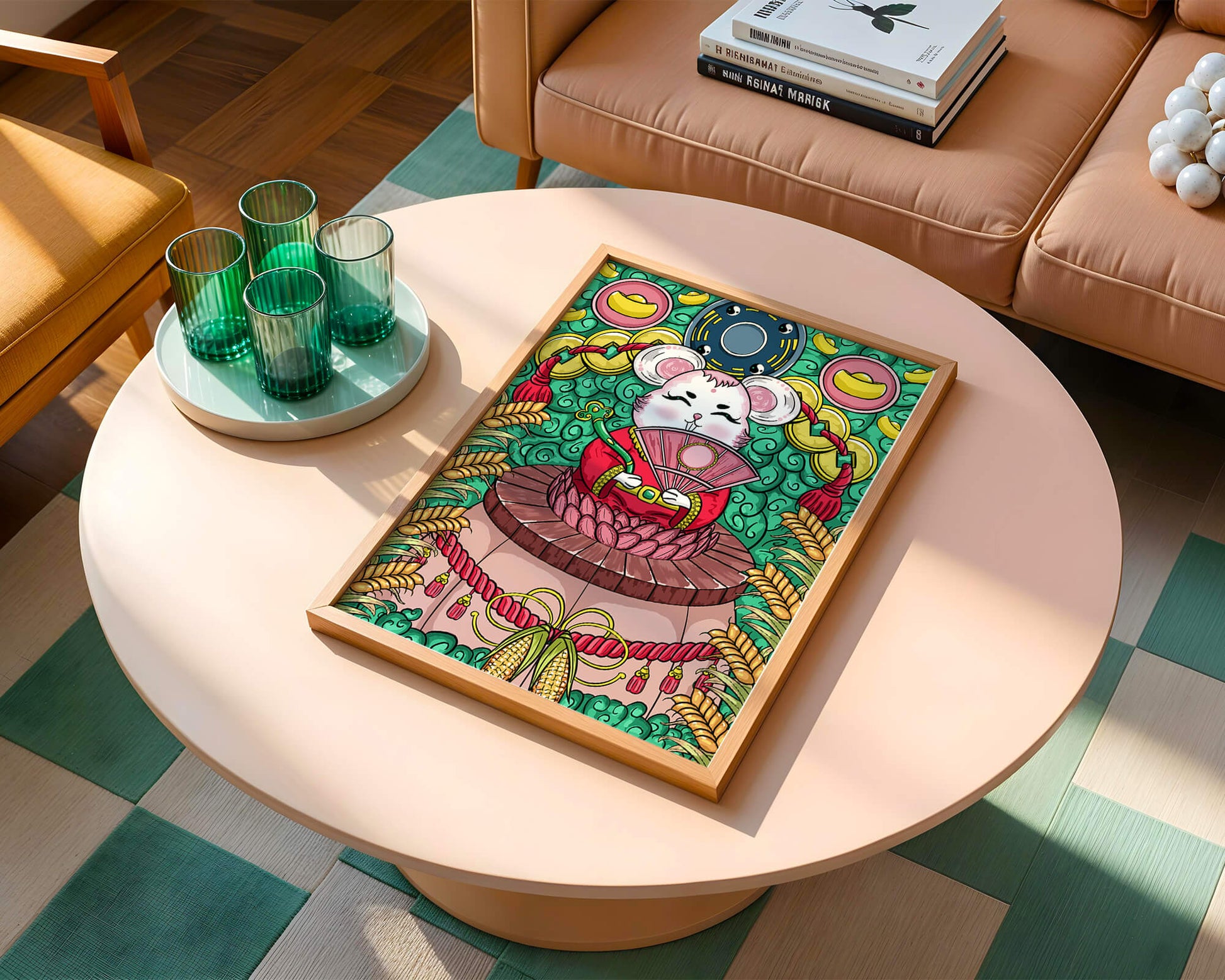 Encantador ratón decorativo con elementos asiáticos y monedas sobre un fondo vibrante.