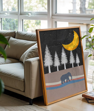 Serene Night Scene with Elephant Under Golden Moon in Forest - Mi tienda