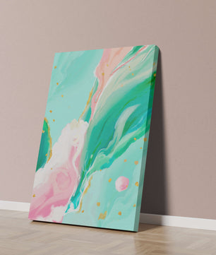Obra de arte abstracta en pasteles y dorado con patrones fluidos