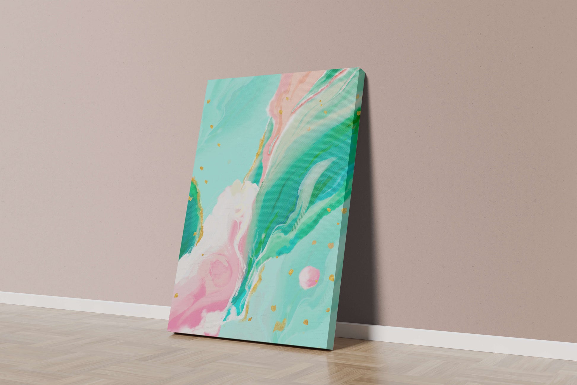 Obra de arte abstracta en pasteles y dorado con patrones fluidos