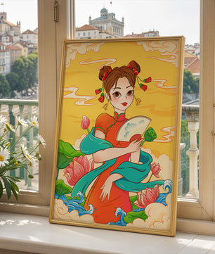 Ilustración oriental que presenta a una chica con atuendo tradicional, un abanico y flores de loto