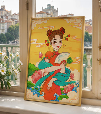 Oriental illustration featuring a girl in traditional attire with a fan and lotus flowers