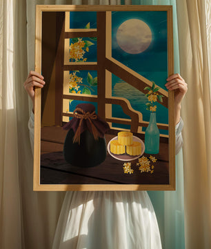 Noche iluminada por la luna con pasteles de luna y decoración floral sobre una mesa de madera