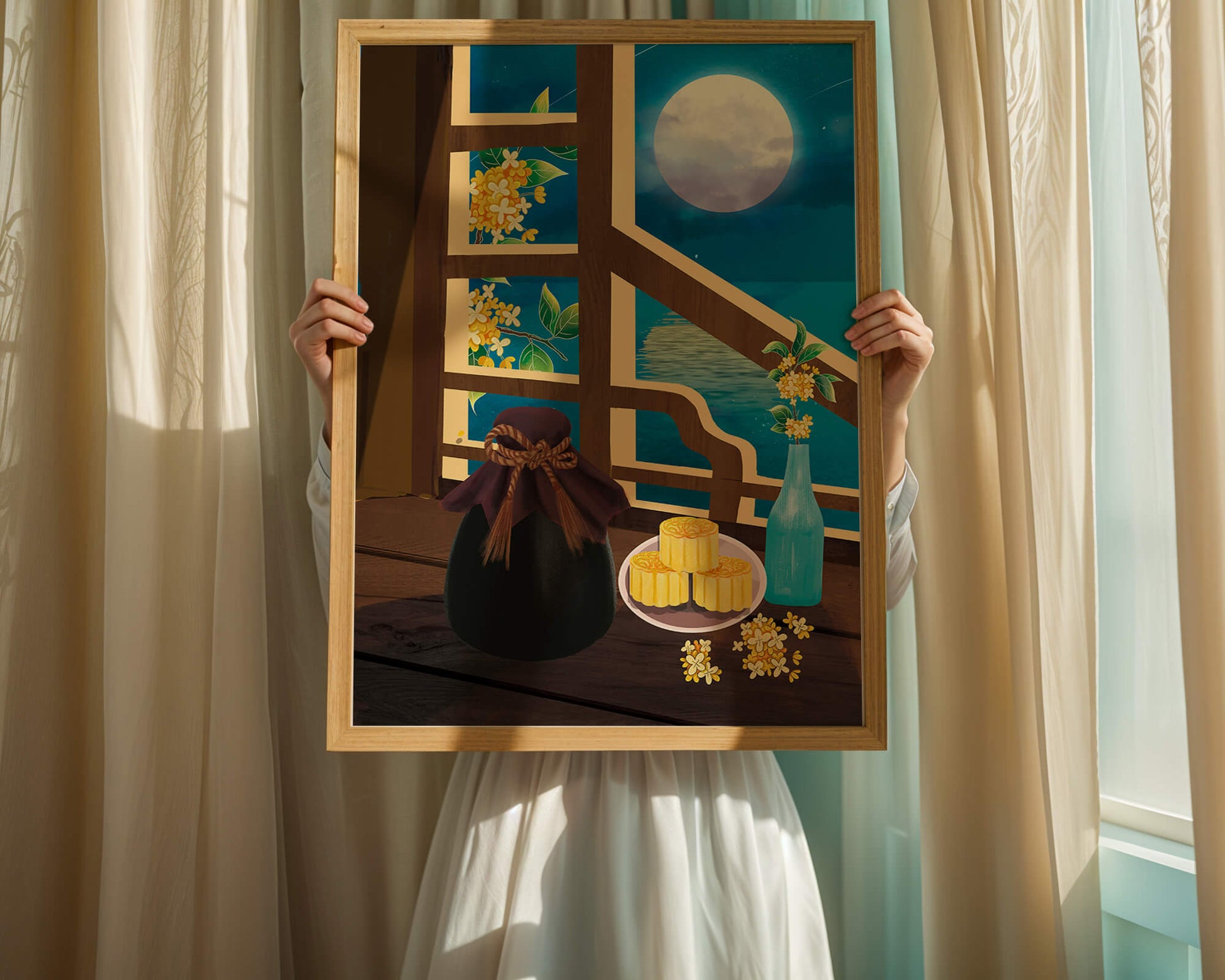 Noche iluminada por la luna con pasteles de luna y decoración floral sobre una mesa de madera