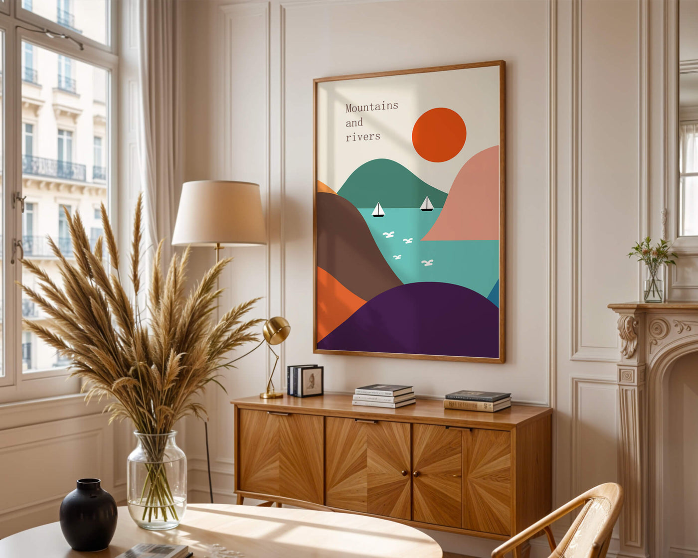 Abstract landscape with vibrant colors and geometric shapes