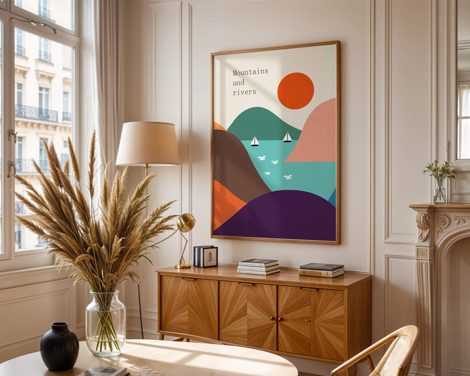 Abstract landscape with vibrant colors and geometric shapes