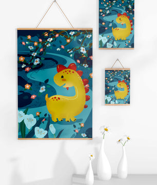 Golden Dinosaur in Enchanted Floral Forest