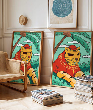 Stylish cartoon tiger lounging under a tropical palm tree with gold accessories