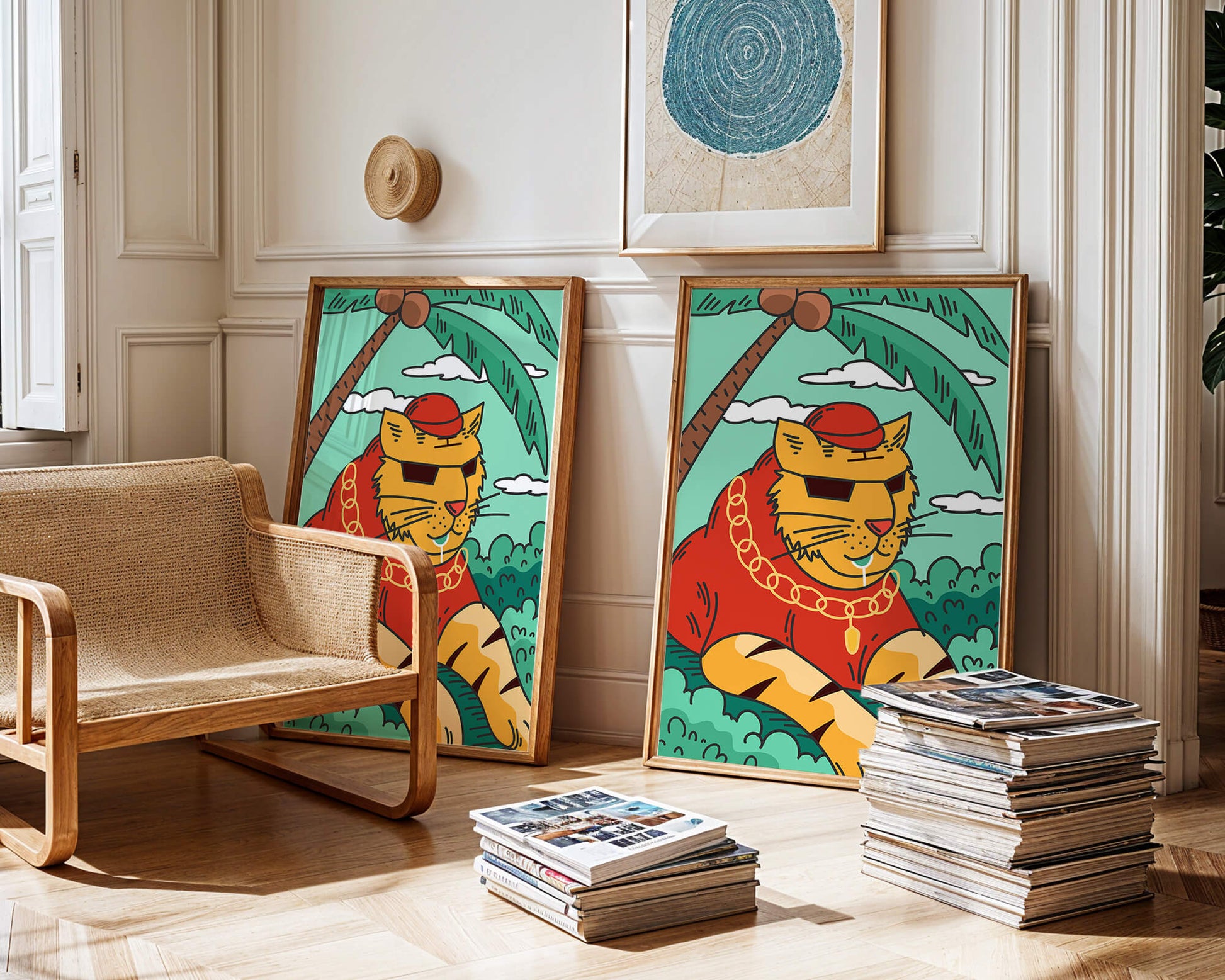 Stylish cartoon tiger lounging under a tropical palm tree with gold accessories