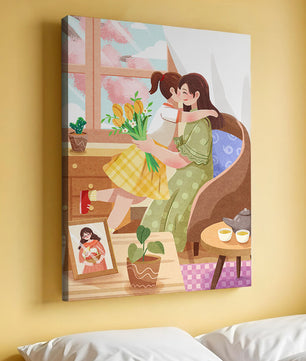 Escena acogedora en la sala de estar con madre e hija abrazándose cerca de la ventana