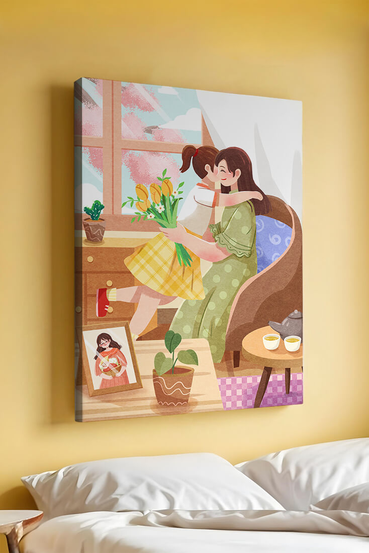 Cozy living room scene with mother and daughter hugging near window