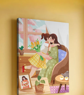 Cozy living room scene with mother and daughter hugging near window