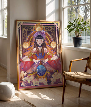 Obra de arte de fantasía con una adivina que tiene una bola de cristal y flores