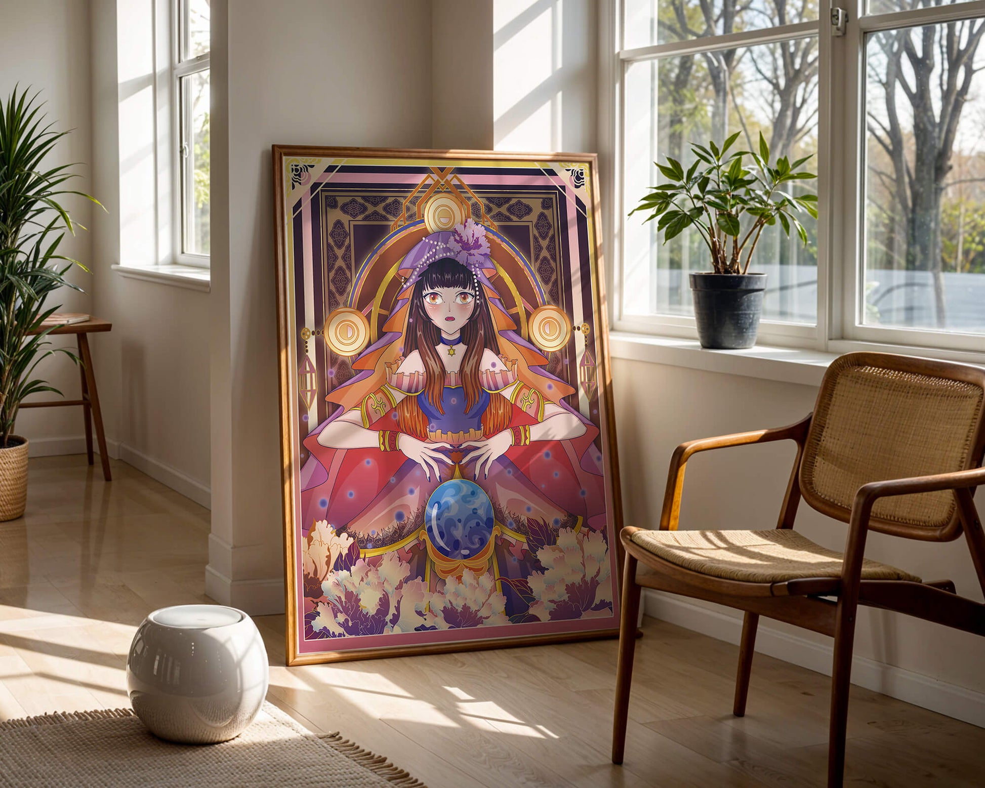 Fantasy Artwork Featuring a Fortune Teller with Crystal Ball and Flowers