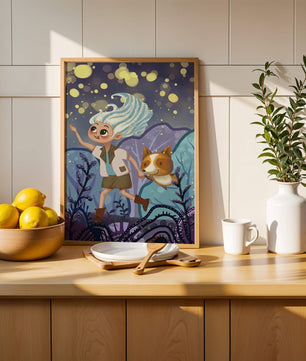 Whimsical Adventure in a Magical Night Sky Landscape