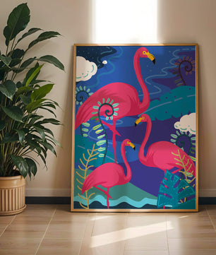 Colorful illustration of flamingos in a tropical setting