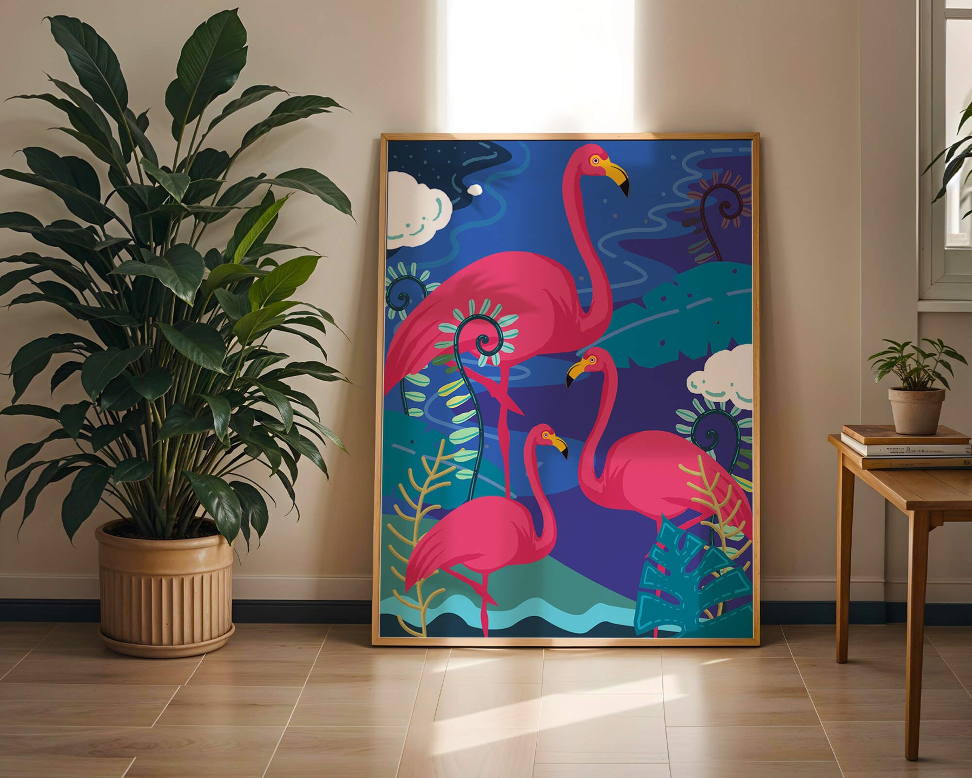 Colorful illustration of flamingos in a tropical setting