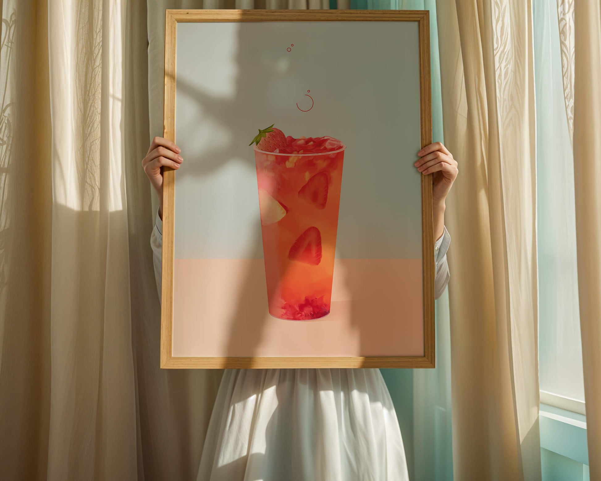Refreshing strawberry drink with floating slices on pastel background