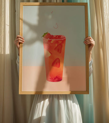 Refreshing strawberry drink with floating slices on pastel background