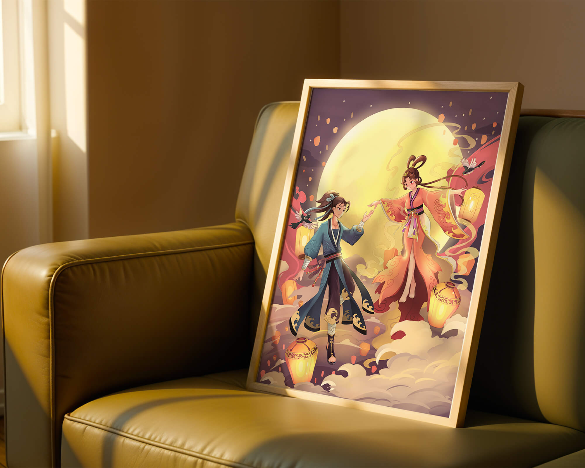 Elegant moonlit fantasy scene with traditional attire