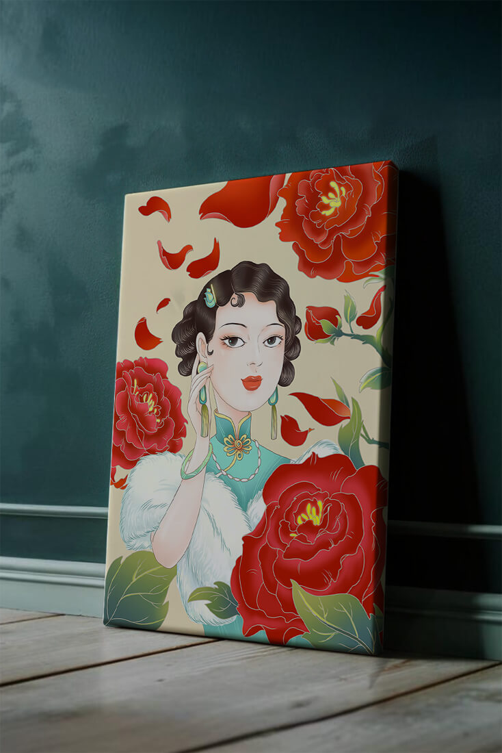 Elegant woman surrounded by vibrant red flowers and petals