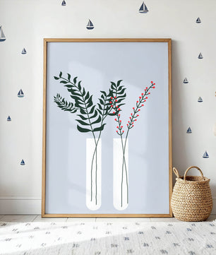 Modern Botanical Illustration with Green Leaves and Red Berries in Minimalist Vases - Mi tienda