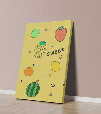 Playful fruit pattern on yellow grid background